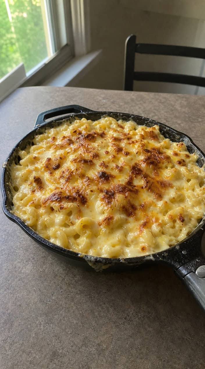 A cast-iron skillet filled with creamy mac ’n’ cheese on a wooden table near a campfire in a backyard setting with outdoor seating and subtle Fourth of July decorations.