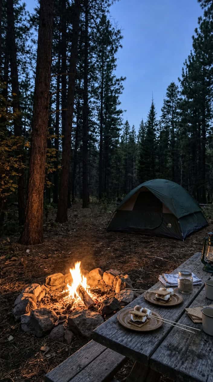 A nighttime camping scene with a glowing campfire, s’mores on a wooden table, surrounded by trees under a starry sky.