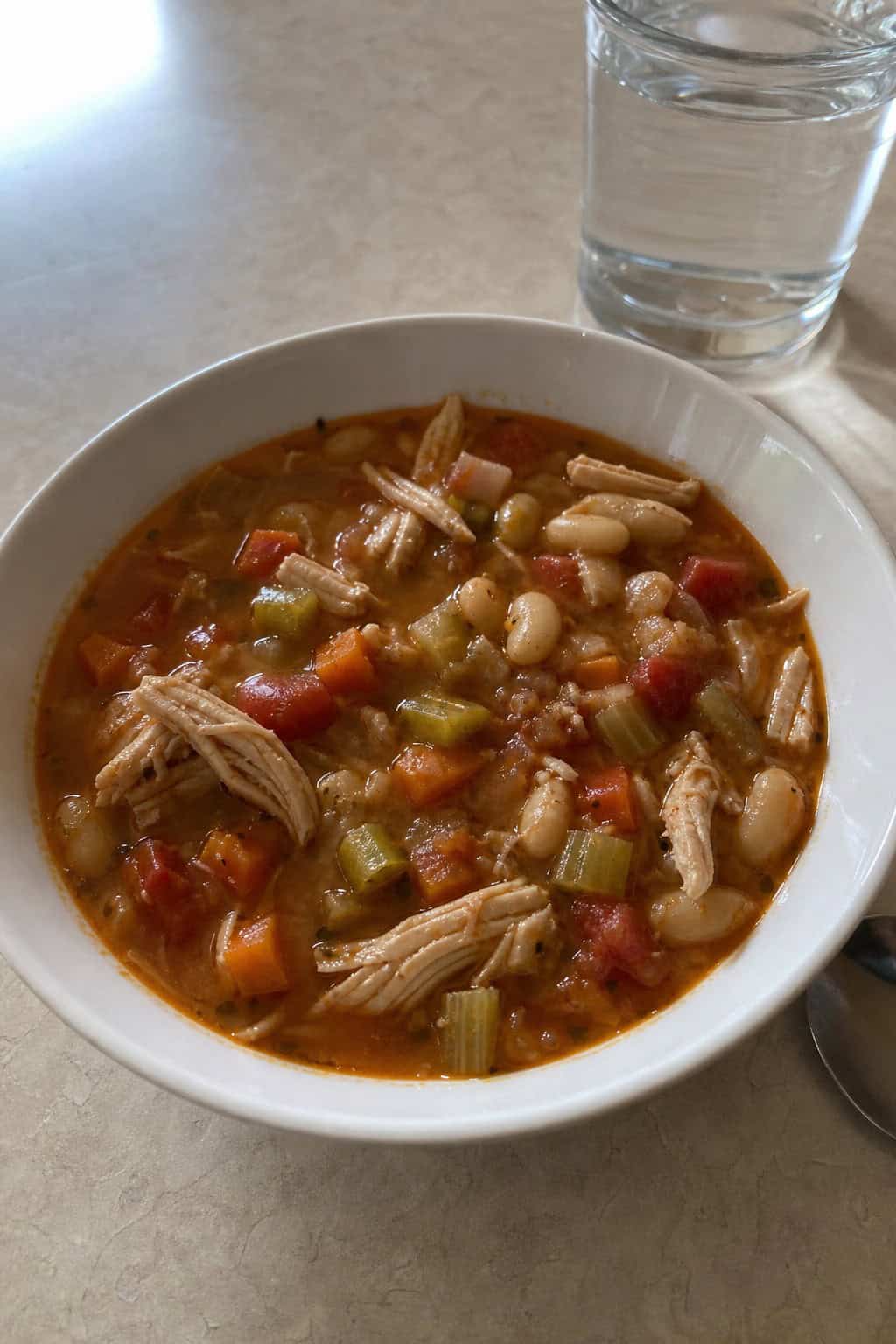 A bowl of canned chicken and white bean minestrone soup with vegetables and herbs on a wooden table.