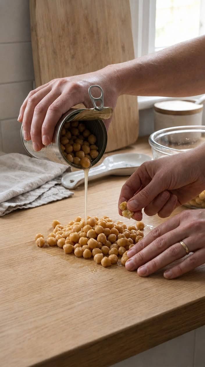 Hands pouring canned chickpeas onto a kitchen counter, counting and squishing them.