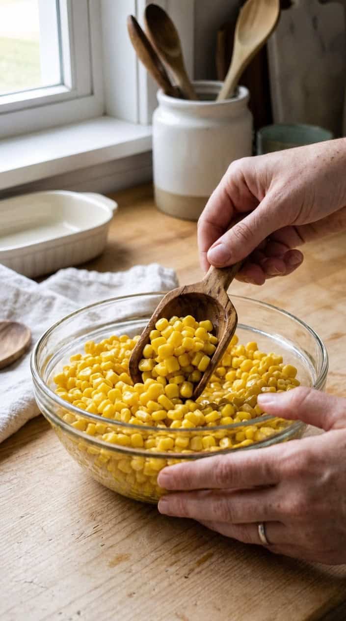 A hand scooping bright yellow canned corn kernels from a glass bowl on a kitchen countertop.