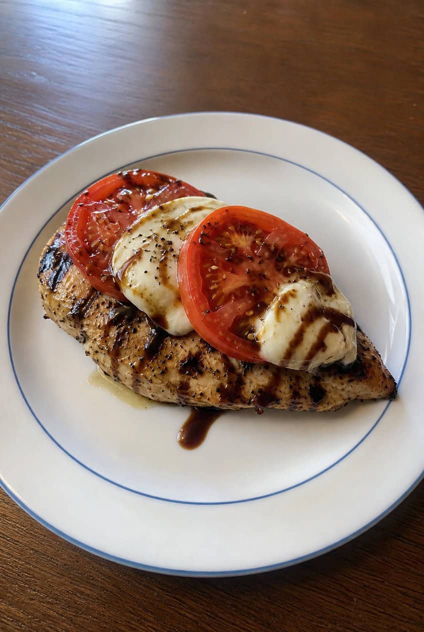 A white baking dish with shredded rotisserie chicken layered under rounds of fresh mozzarella and ripe tomato slices, finished with a dark balsamic drizzle and torn fresh basil leaves, on a wooden table.