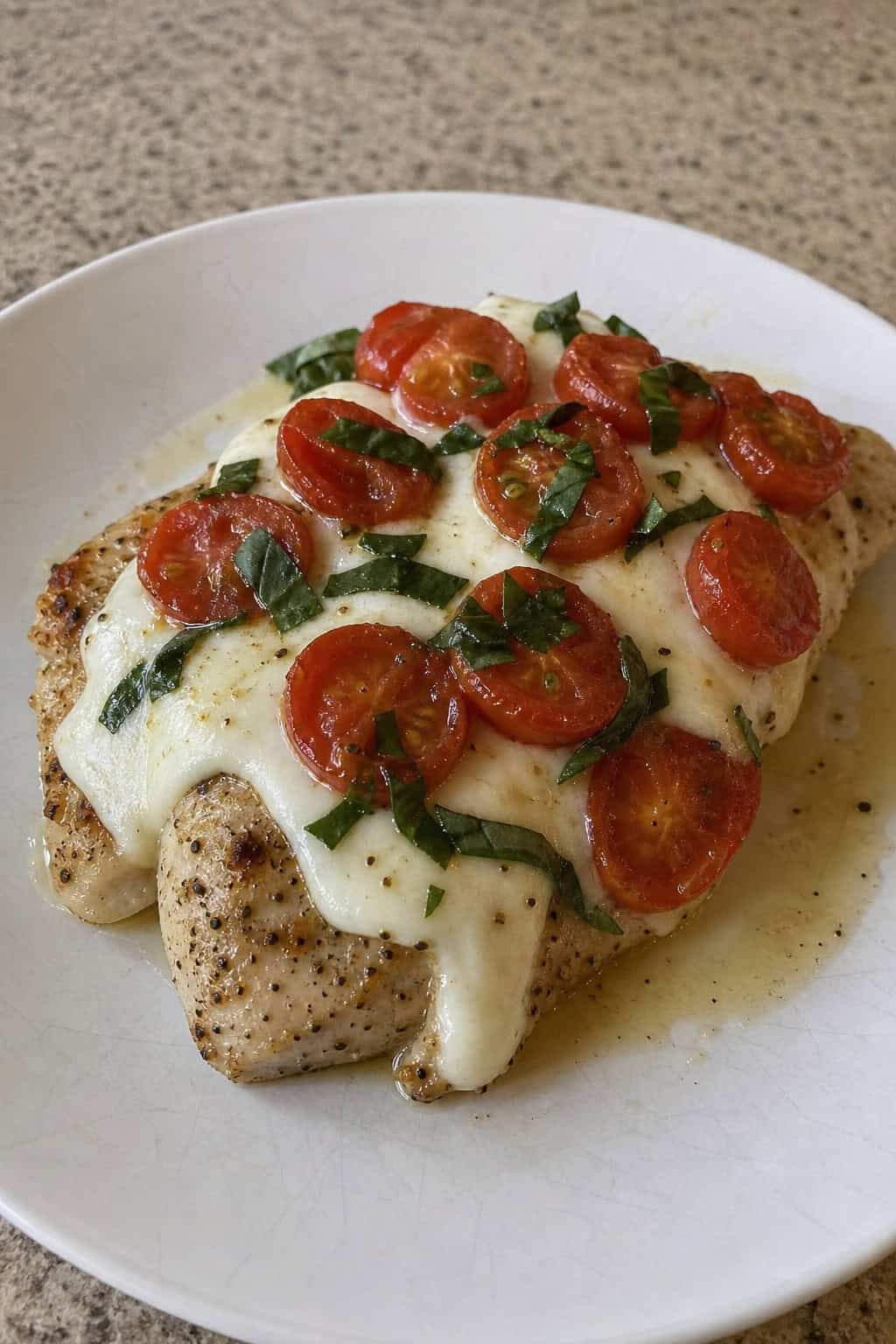 A plate of Caprese chicken topped with melted mozzarella, cherry tomatoes, and fresh basil on a wooden table.