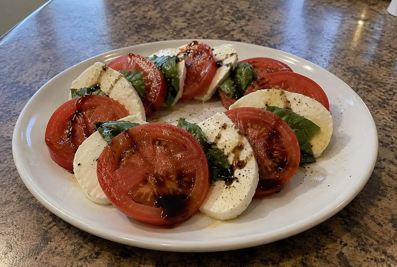 Overlapping slices of ripe red tomato and fresh white mozzarella fanned across a wooden platter, topped with whole basil leaves and thin ribbons of dark balsamic glaze.