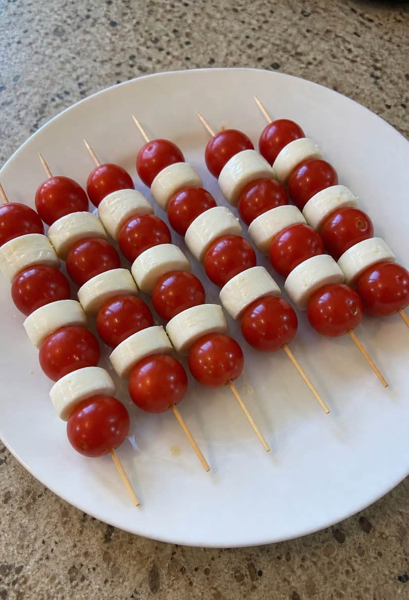 A wooden serving platter with Caprese skewers arranged in a neat row, each skewer featuring cherry tomatoes, mozzarella, and fresh basil leaves