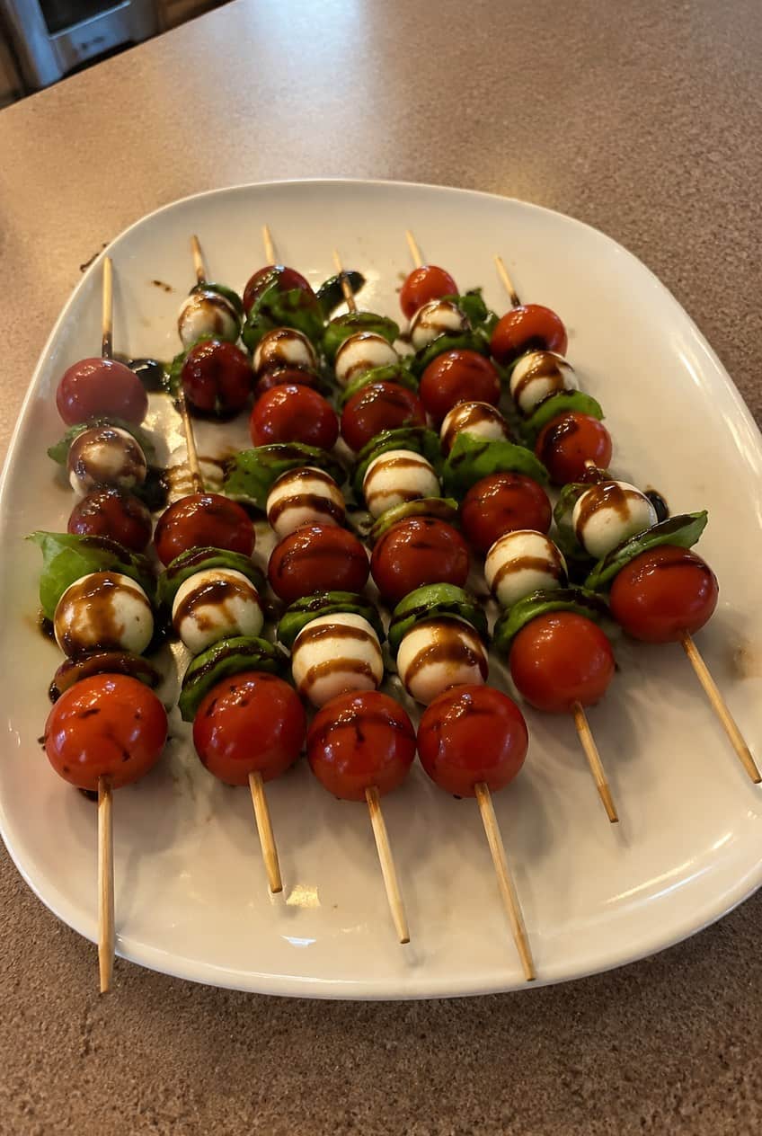 A white platter of Caprese skewers with bright red cherry tomatoes, creamy mozzarella balls, and folded fresh basil leaves drizzled with dark balsamic glaze.