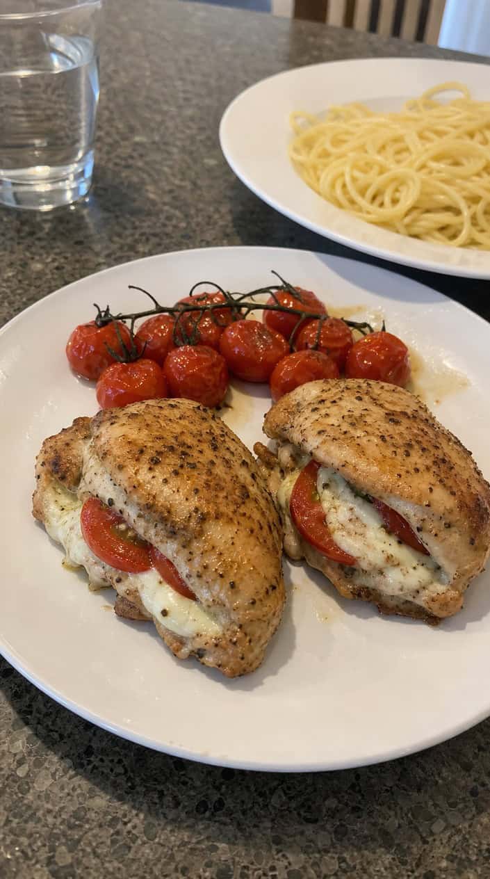 Baked chicken breasts stuffed with mozzarella, tomato, and basil served on a wooden board with cherry tomatoes and basil.