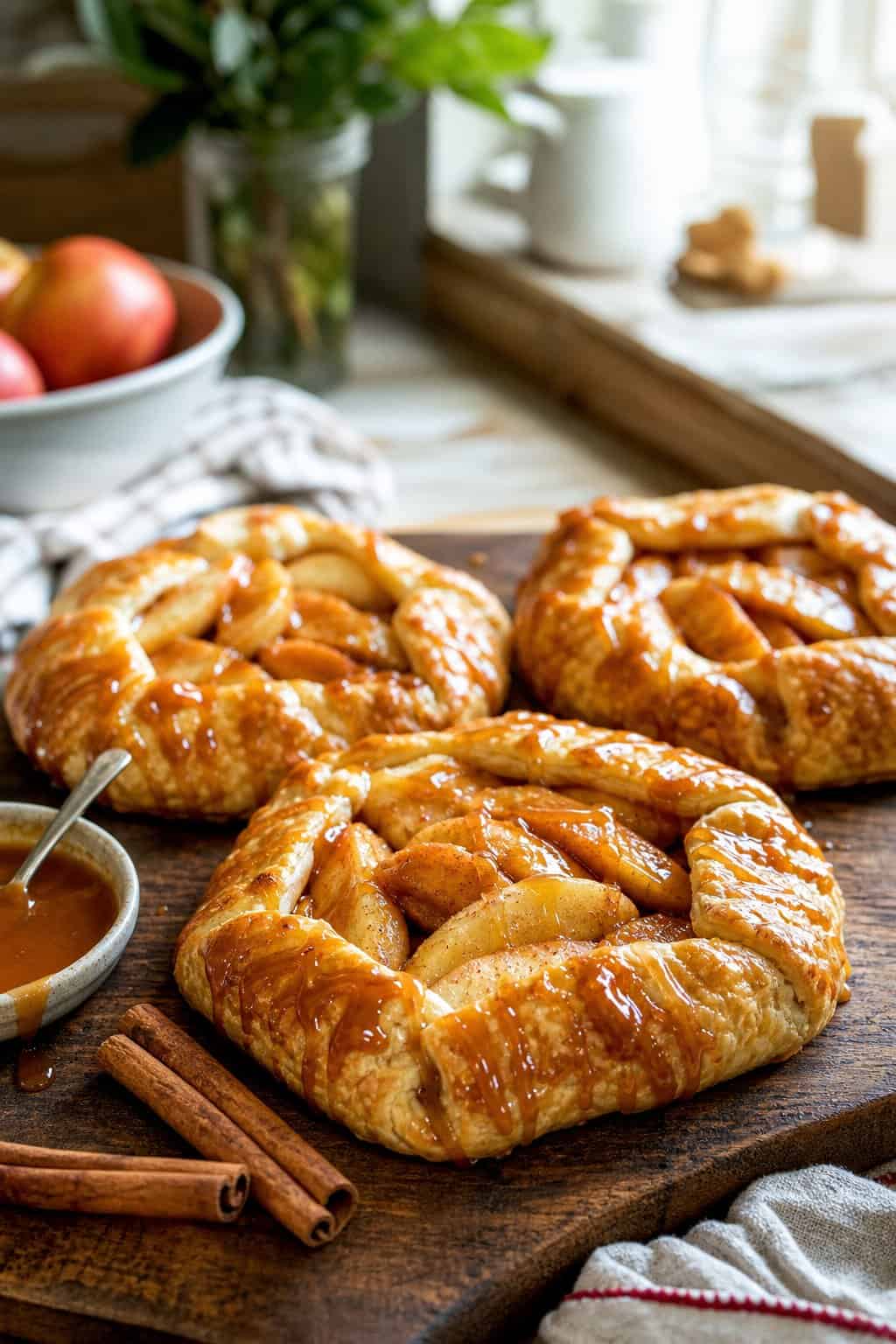 Freshly baked caramel apple galettes on a wooden board with cinnamon sticks and a bowl of caramel sauce in a cozy kitchen setting.