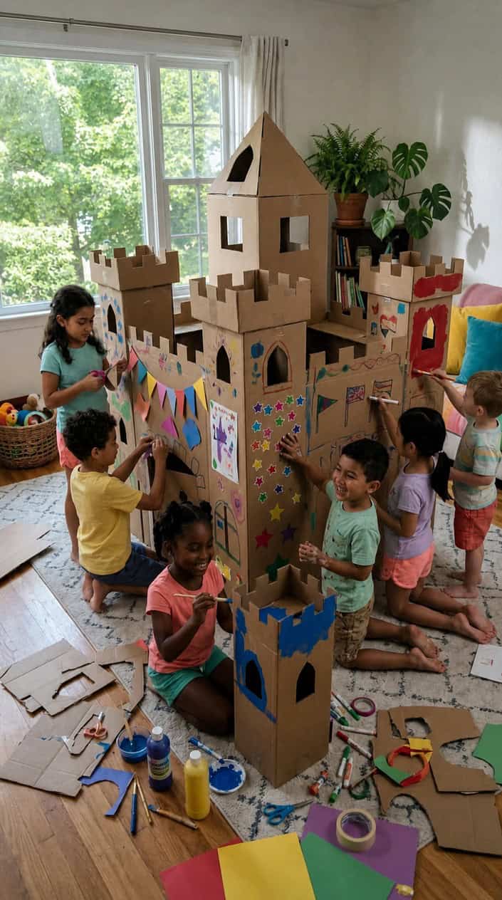 Children building and decorating a large cardboard castle indoors with art supplies around them.