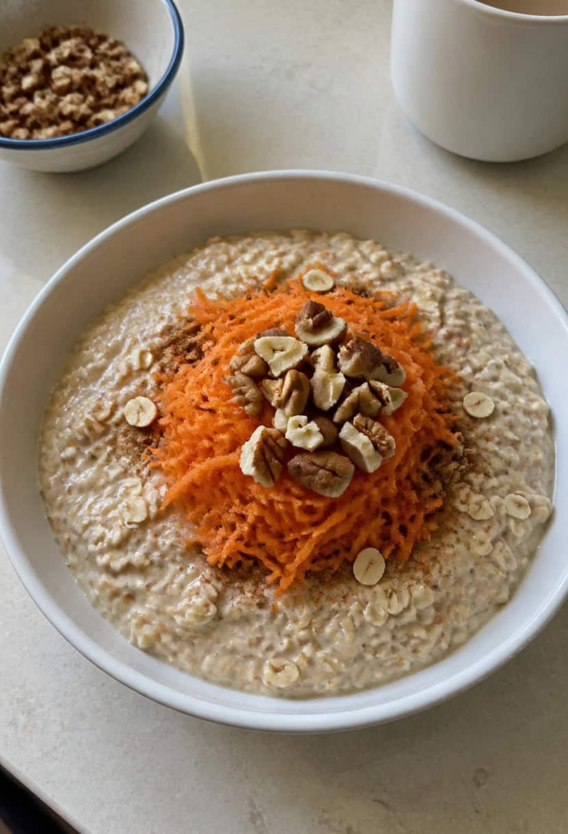A bowl of carrot cake overnight oats surrounded by ingredients like carrots, oats, cinnamon, and nuts. A spoon rests on the side