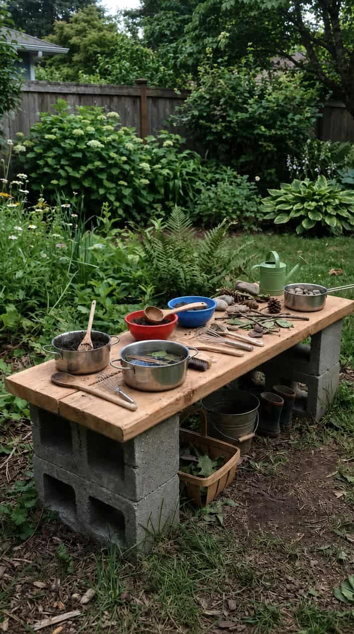 Outdoor cedar wood shelf on cinder blocks used as a kids' mud kitchen prep table with pots, bowls, and natural materials in a backyard.