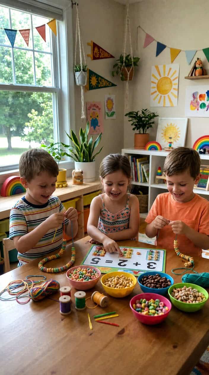 Children sitting at a table making cereal necklaces and playing a math game with cereal pieces.