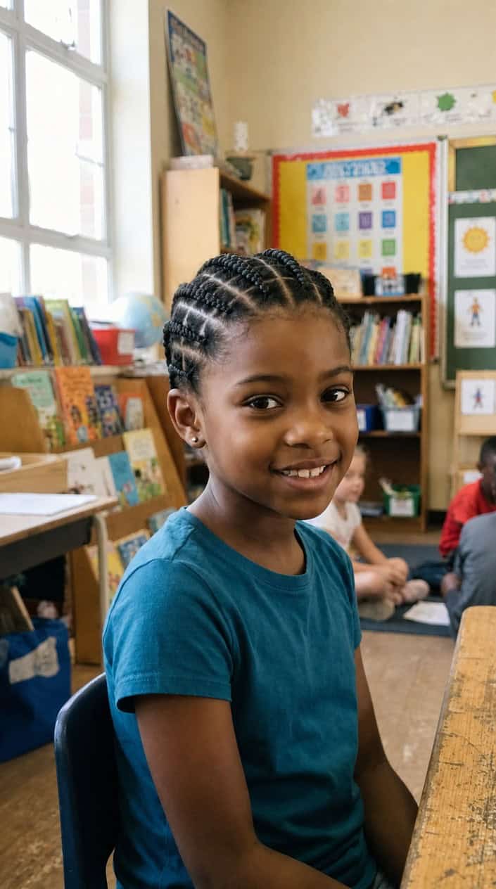 A young girl with neatly braided hair smiling in a softly lit indoor setting.