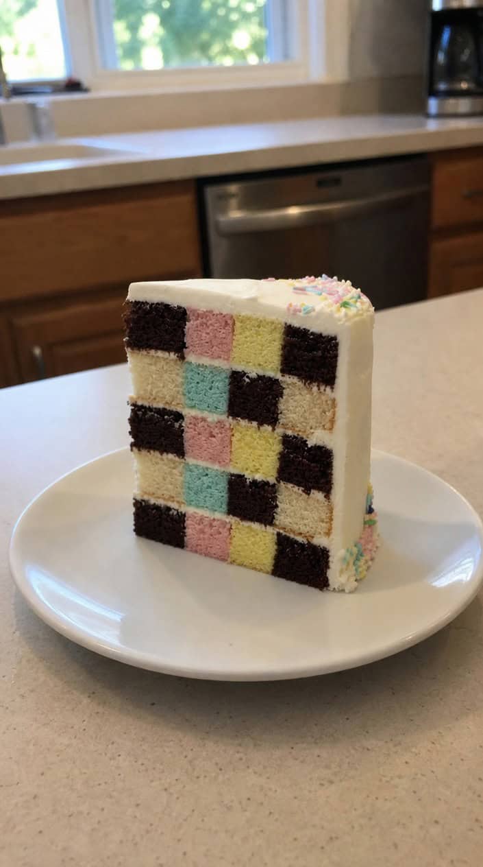 A slice of checkerboard cake with colorful pastel squares inside on a white plate.