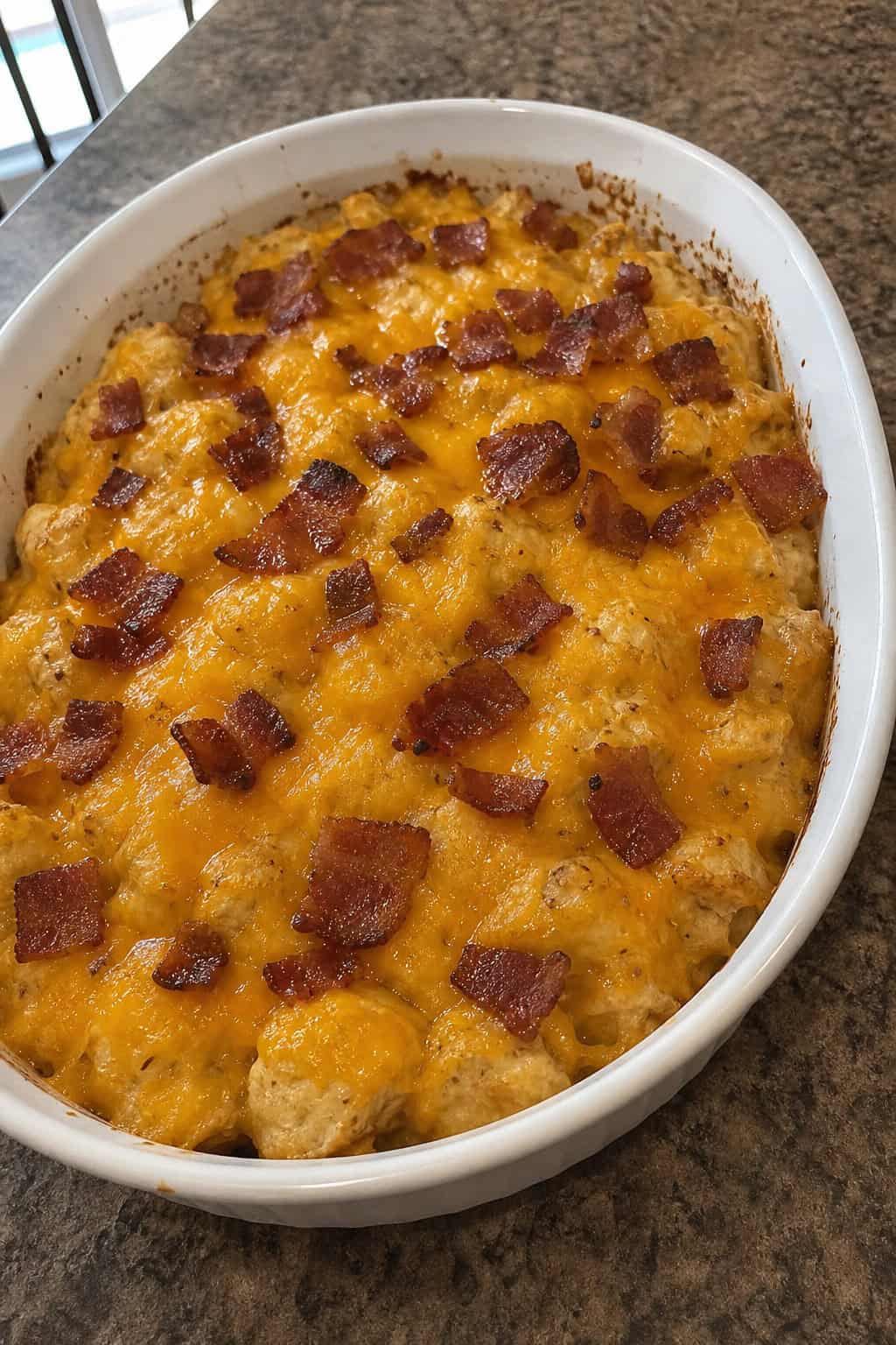 A baked chicken casserole topped with melted golden cheddar and crispy crumbled bacon in a ceramic dish on a wooden table with fresh herbs nearby.