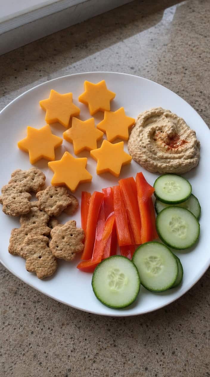 Close-up of cheddar cheese sticks cut into star shapes arranged on a wooden board with small crackers and sliced vegetables nearby.