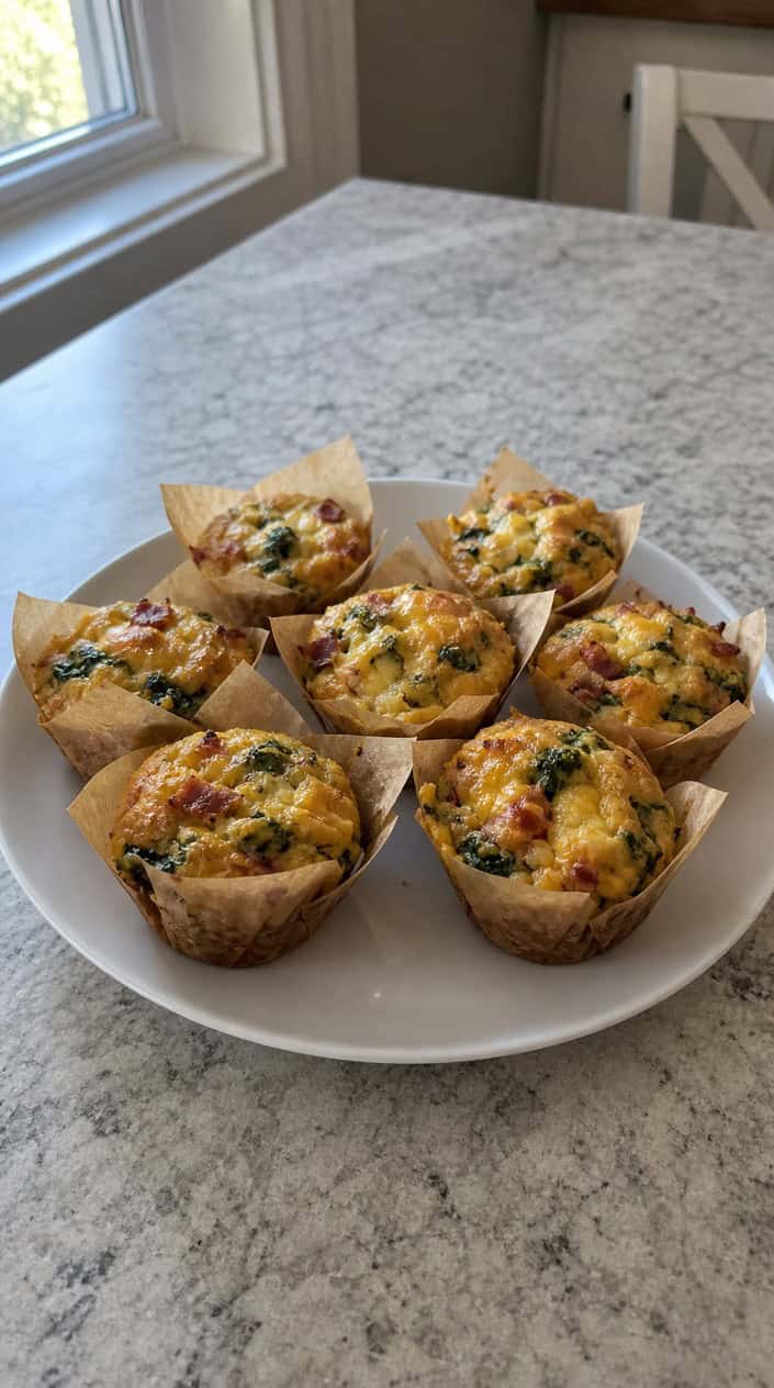 A close-up of cheesy bacon and spinach egg muffins arranged on a wooden board with fresh spinach leaves and bacon strips around them.