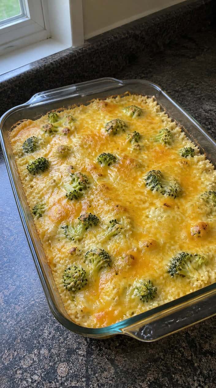 A baked cheesy broccoli and rice casserole in a white dish on a wooden table with a serving spoon nearby.