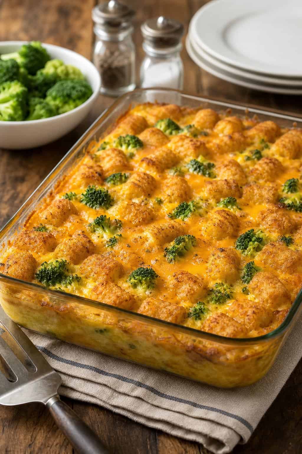 A freshly baked cheesy broccoli and tater tot egg casserole in a glass dish on a wooden table.