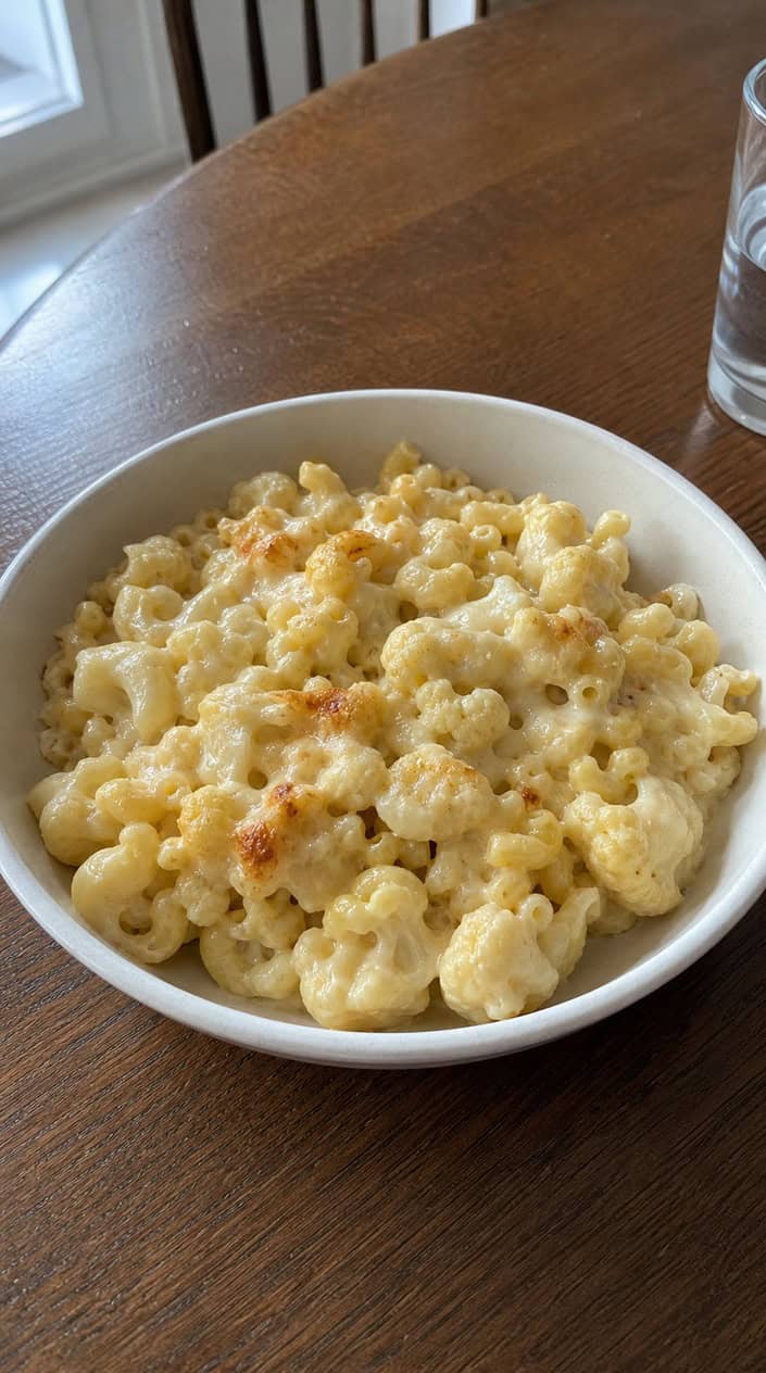 A bowl of creamy cauliflower mac and cheese on a wooden table with fresh ingredients around it.