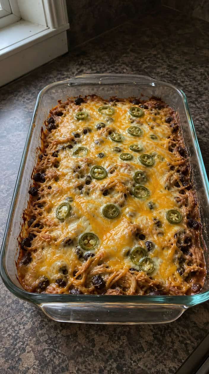 A cheesy chicken enchilada casserole in a ceramic dish on a wooden table with fresh ingredients around it.