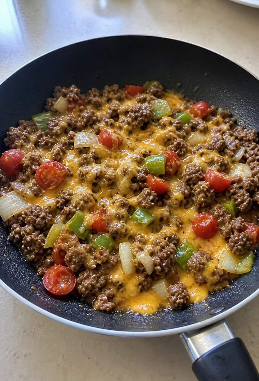A sizzling skillet filled with cheesy ground beef, bubbling and steaming as it cooks on the stove. Onions, peppers, and tomatoes are scattered around the pan, adding color and flavor