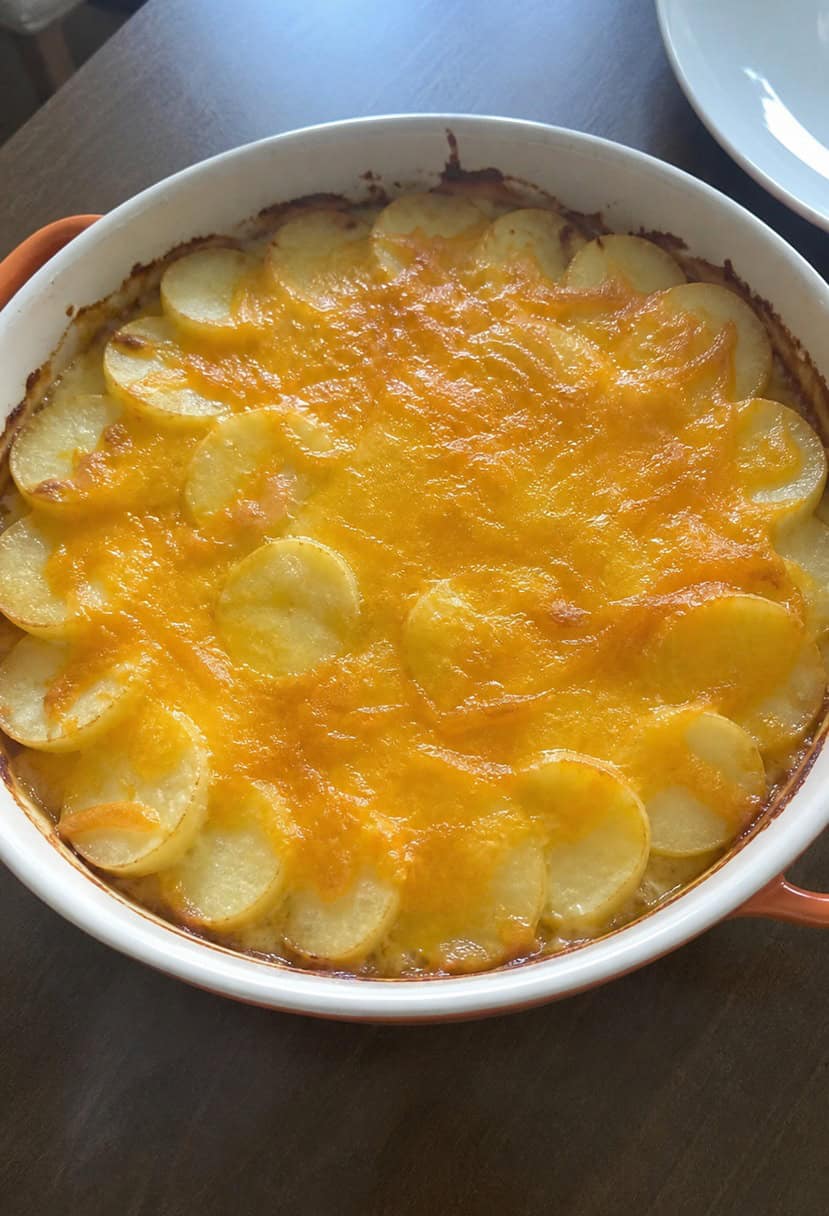 A rustic kitchen scene with a bubbling casserole dish of cheesy scalloped potatoes surrounded by fresh ingredients and cooking utensils