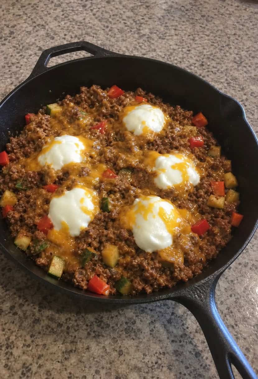 A sizzling skillet filled with cheesy taco ground beef, topped with colorful vegetables and bubbling cheese