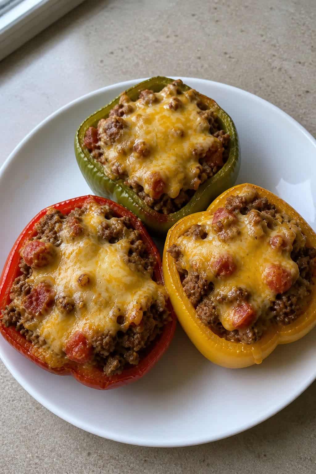 Three colorful bell peppers stuffed with cheesy ground beef mixture on a wooden board with fresh herbs.
