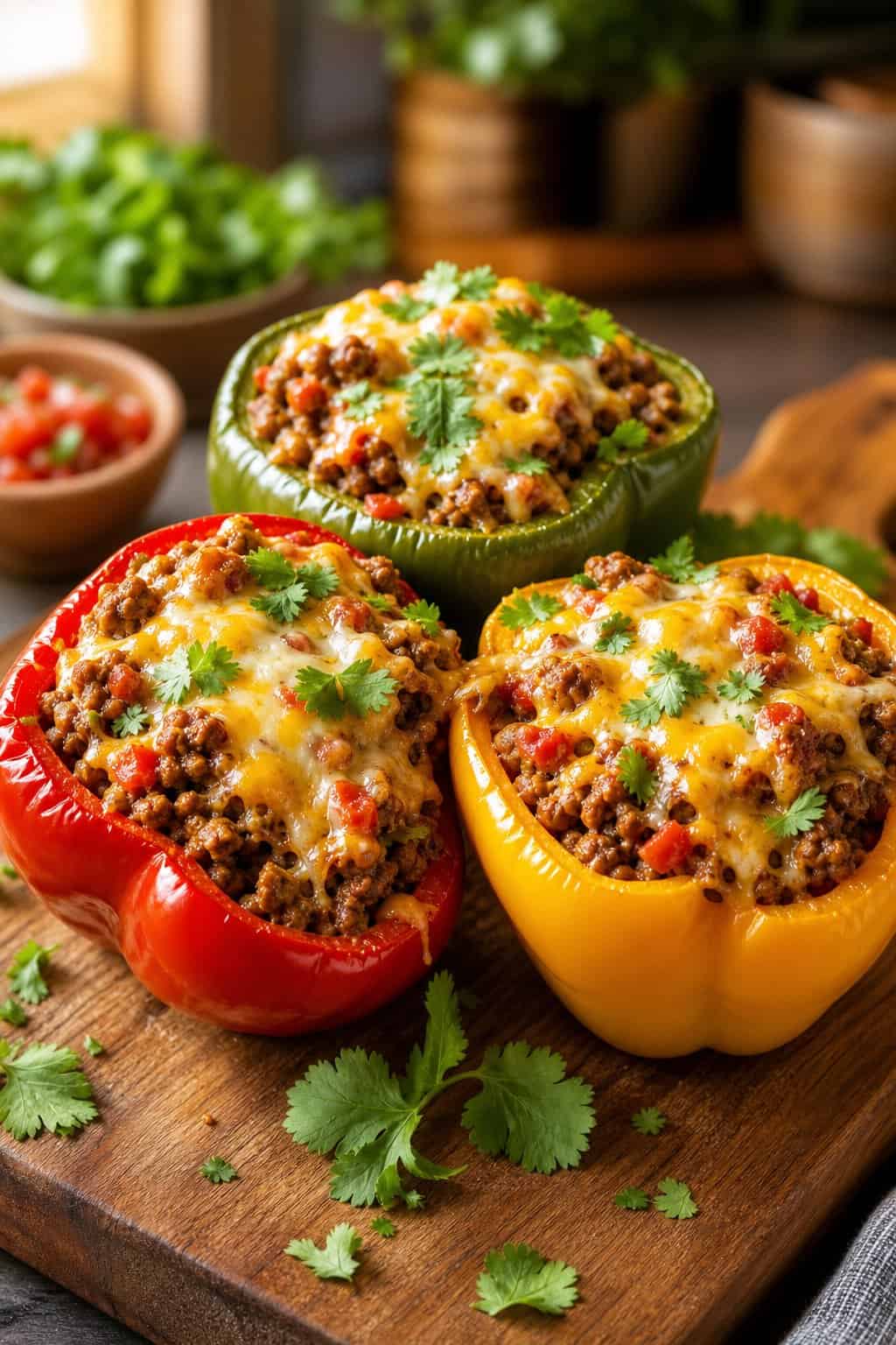 Three colorful bell peppers stuffed with cheesy ground beef mixture on a wooden board with fresh herbs.