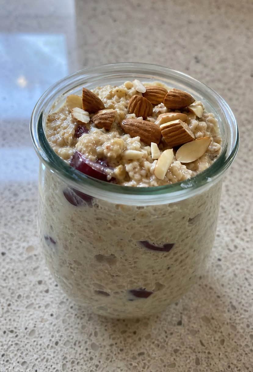 A glass jar filled with cherry almond overnight oats surrounded by scattered almonds and fresh cherries on a wooden table