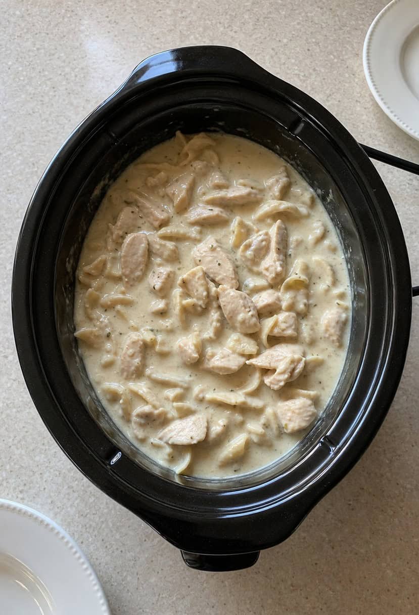 A crockpot simmering with creamy Chicken Alfredo, surrounded by various ingredients and spices