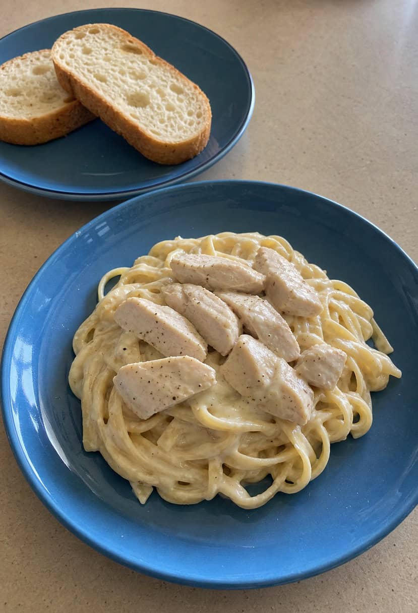 A steaming plate of creamy Chicken Alfredo with a sprinkle of parsley, accompanied by a side of garlic bread and a glass of white wine