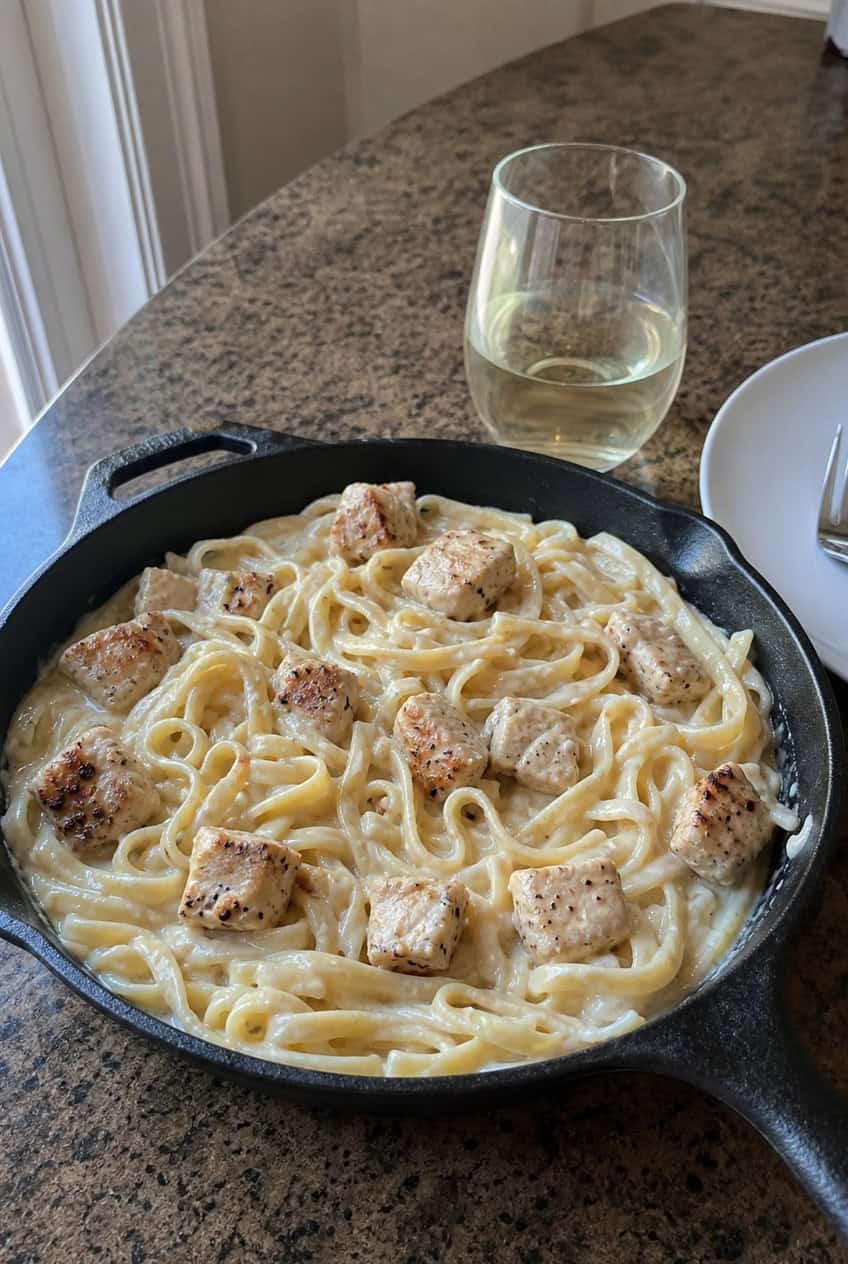 A wide cast-iron skillet filled with creamy fettuccine Alfredo and shredded rotisserie chicken, finished with chopped flat-leaf parsley and a dusting of Parmesan, set on a wooden surface.