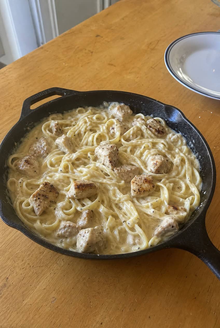 A wide cast-iron skillet filled with creamy fettuccine Alfredo and shredded rotisserie chicken, finished with chopped flat-leaf parsley and a dusting of Parmesan, set on a wooden surface.