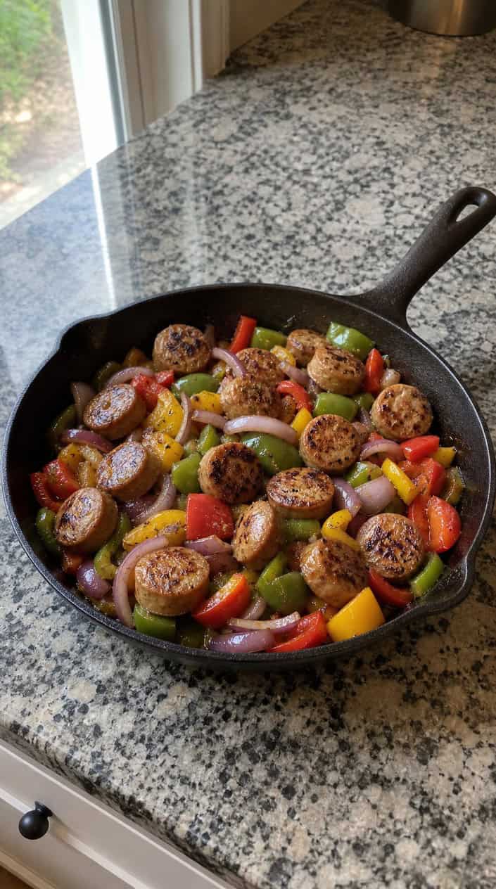 A skillet filled with cooked chicken and apple sausage slices with vegetables on a wooden table.