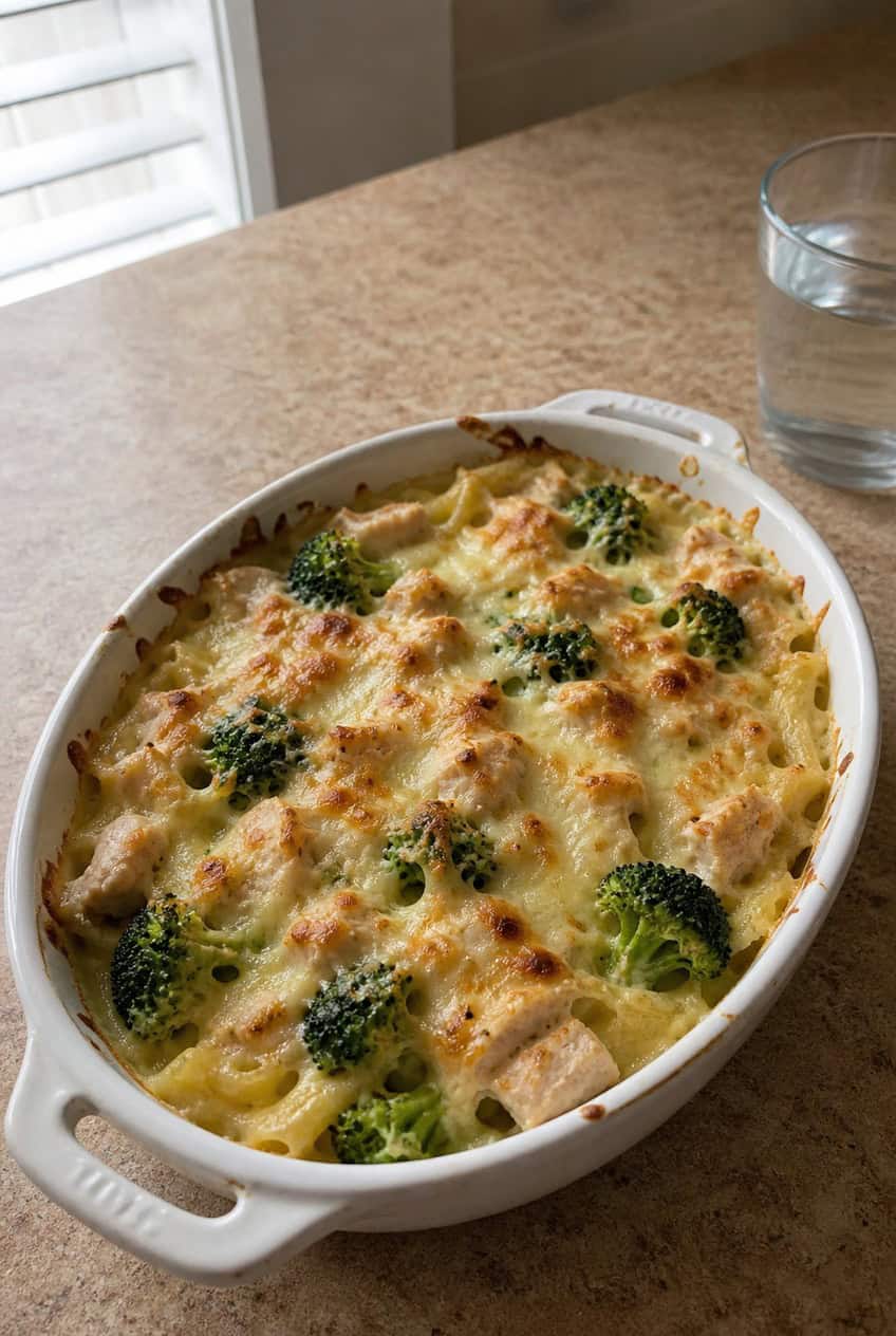 A rectangular white baking dish pulled fresh from the oven, filled with penne pasta, broccoli florets, and shredded chicken in a creamy Alfredo sauce, topped with golden melted mozzarella and Parmesan, on a wooden table.