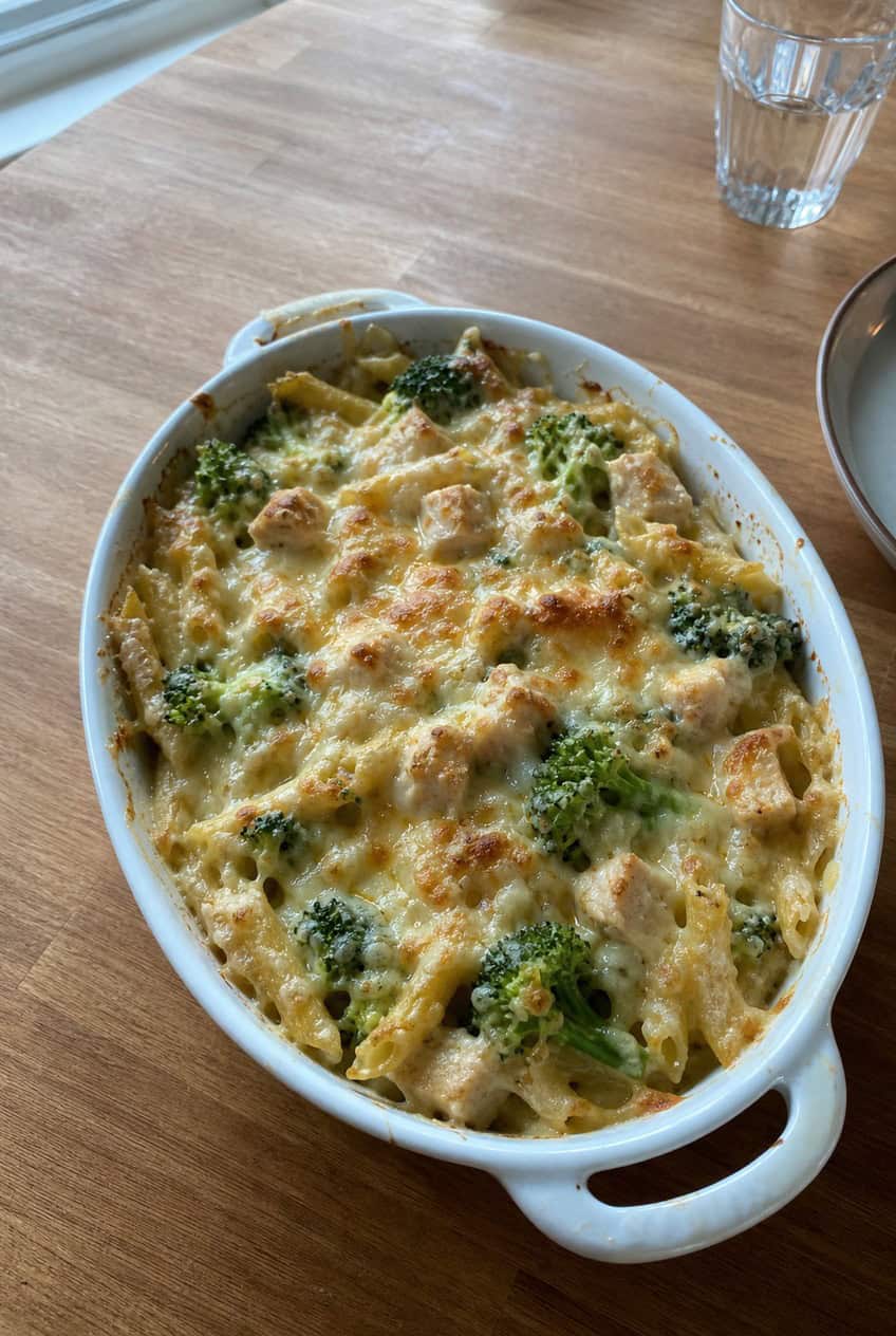A rectangular white baking dish pulled fresh from the oven, filled with penne pasta, broccoli florets, and shredded chicken in a creamy Alfredo sauce, topped with golden melted mozzarella and Parmesan, on a wooden table.