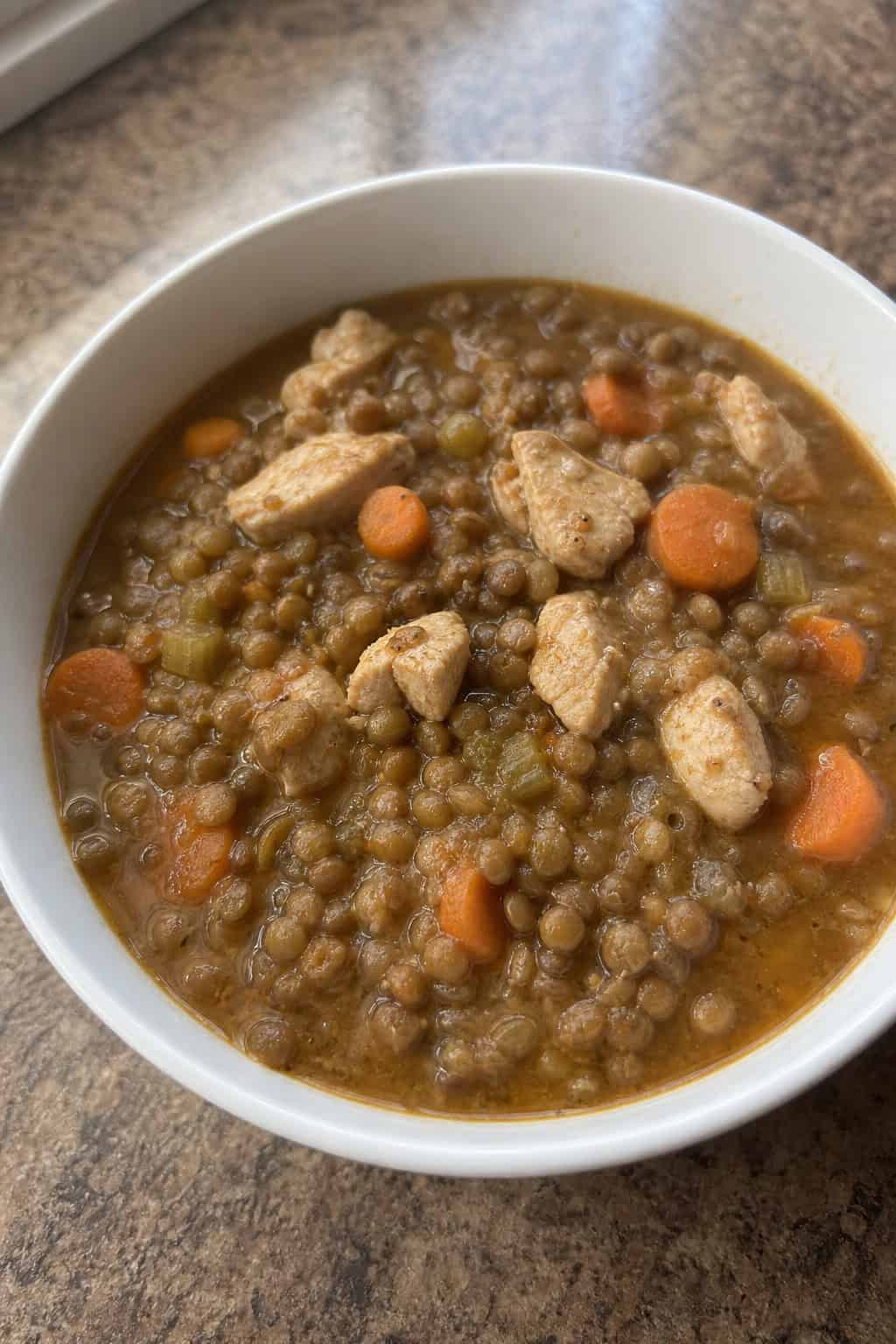 A bowl of chicken and lentil stew with carrots on a wooden table, surrounded by fresh ingredients.