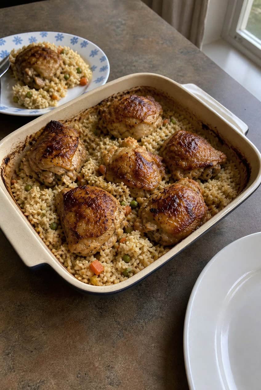 A freshly baked chicken and rice casserole with a golden cheese top layer in a deep white ceramic baking dish, garnished with fresh parsley on a wooden table.