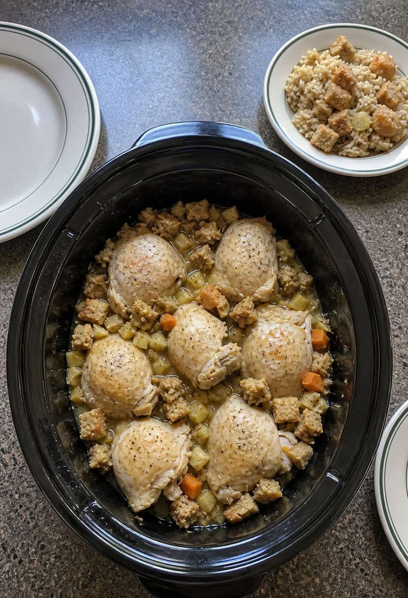 A crockpot filled with chicken and stuffing surrounded by various ingredients and spices on a kitchen counter