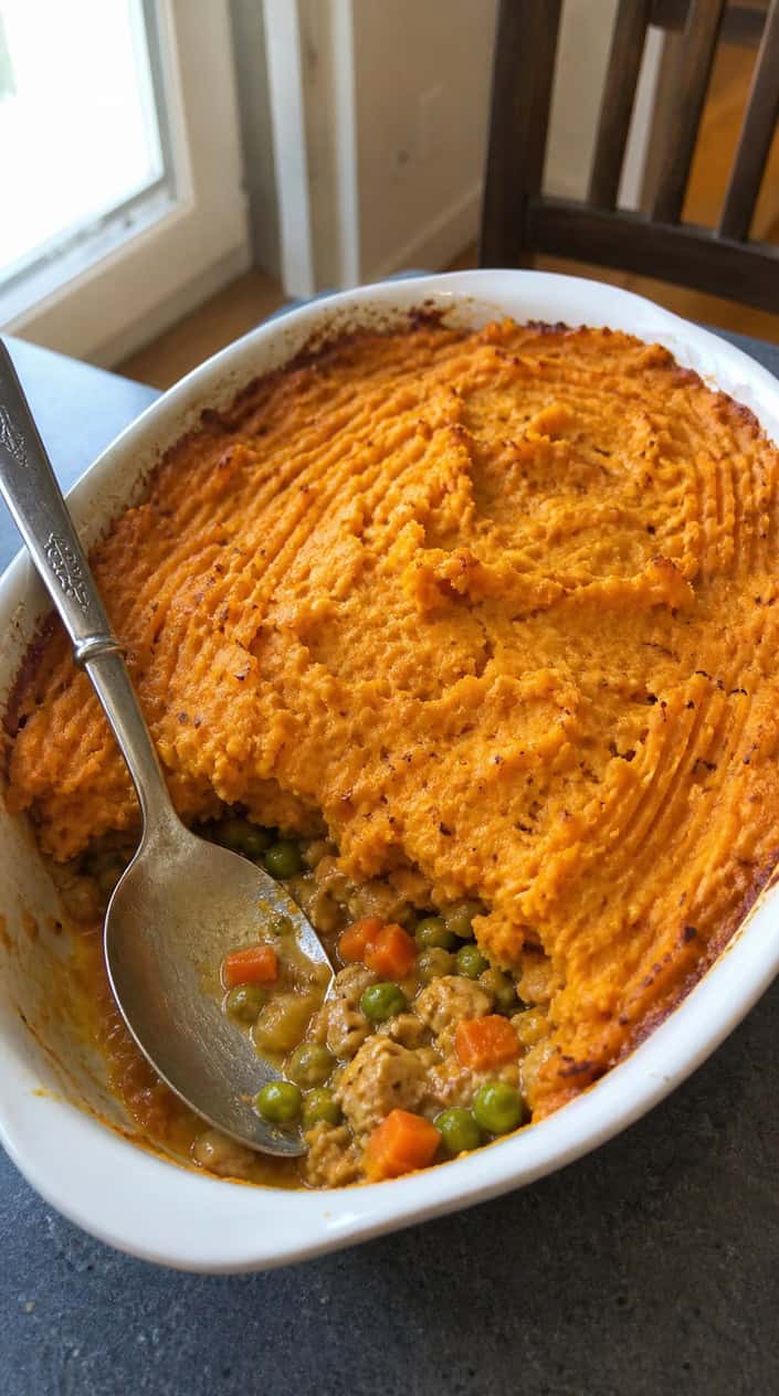 A freshly baked chicken and sweet potato shepherd’s pie in a ceramic dish on a wooden table with a serving spoon and fresh herbs nearby.