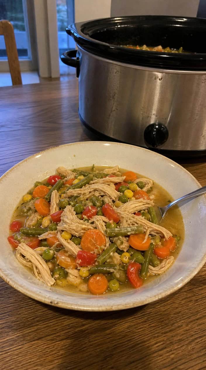 A bowl of shredded chicken with mixed vegetables next to a slow cooker on a wooden countertop in a kitchen.