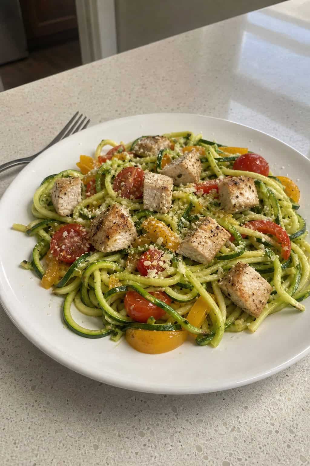 A plate of chicken and zucchini noodle primavera with colorful vegetables on a kitchen table.
