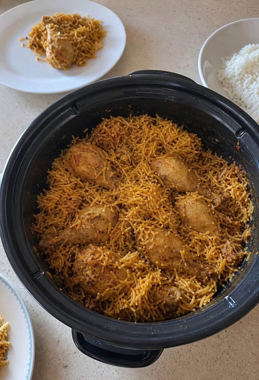A crockpot filled with aromatic Chicken Biryani, surrounded by various cooking ingredients and spices