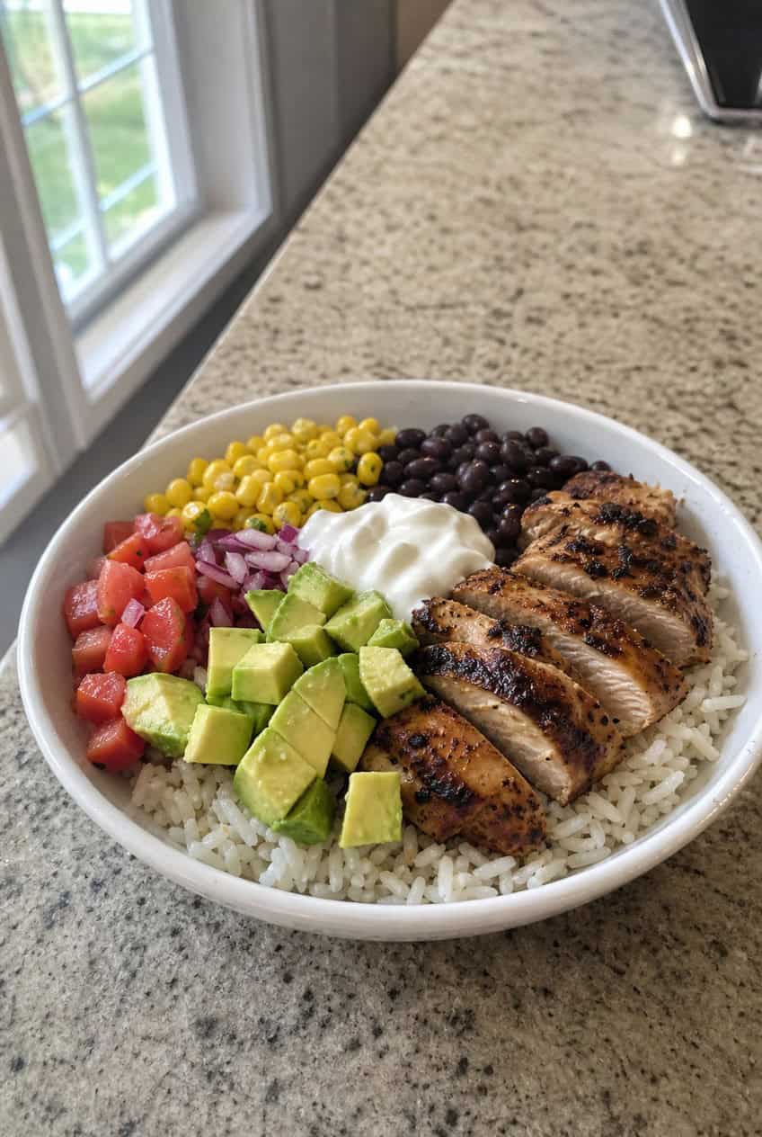 A wide ceramic bowl with seasoned grilled chicken, white rice, black beans, sweet corn, diced tomatoes, sliced avocado, and a spoonful of sour cream, photographed on a wooden table.