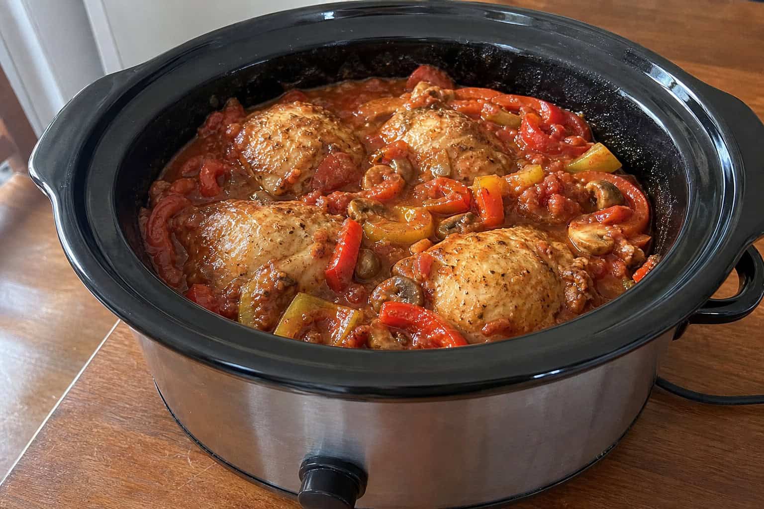 A crockpot filled with Chicken Cacciatore on a wooden table surrounded by fresh vegetables and herbs.