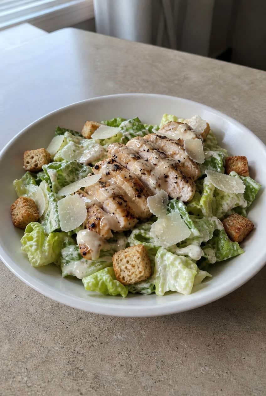 A large white bowl with chopped romaine lettuce, sliced grilled chicken, golden croutons, shaved Parmesan, and a creamy Caesar dressing, photographed on a wooden table.
