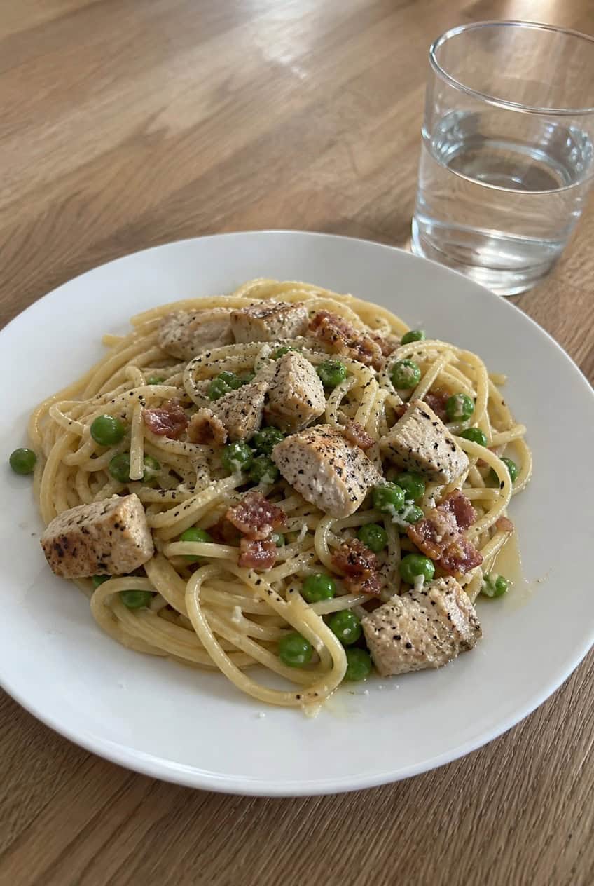 A wide pasta bowl with spaghetti carbonara coated in a glossy egg and Parmesan sauce, studded with crispy bacon bits, bright green peas, and shredded rotisserie chicken, on a wooden table.