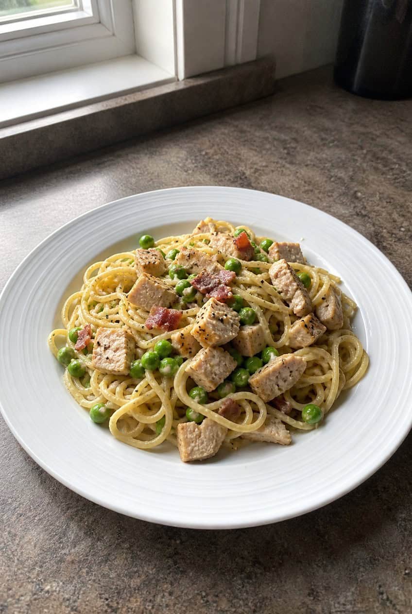A wide pasta bowl with spaghetti carbonara coated in a glossy egg and Parmesan sauce, studded with crispy bacon bits, bright green peas, and shredded rotisserie chicken, on a wooden table.
